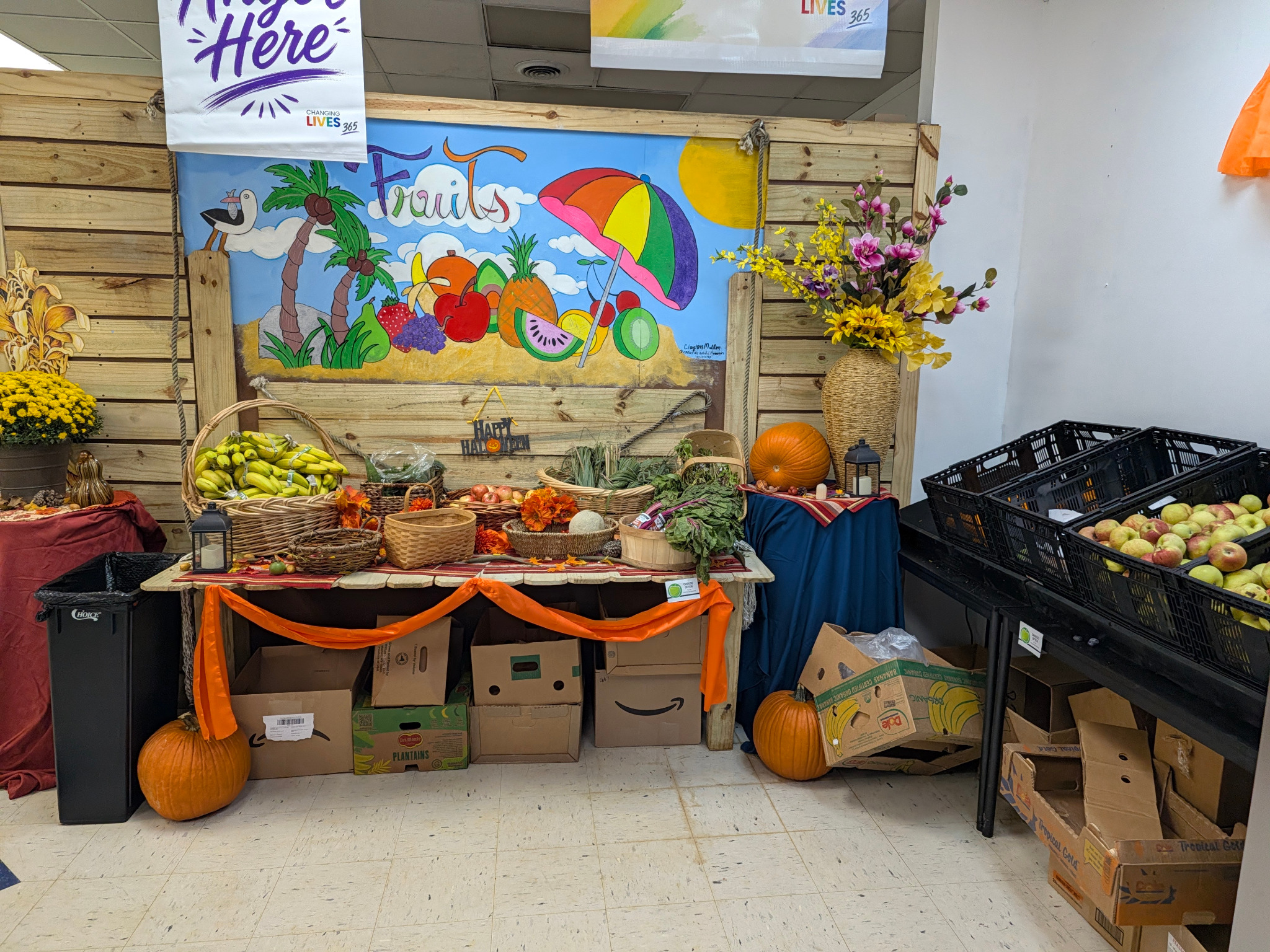 Fresh produce and food baskets at Changing Lives 365 Food Pantry